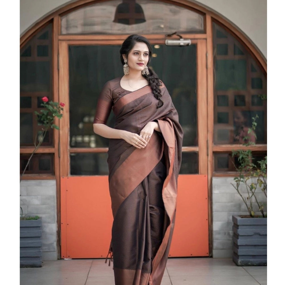 Snuggle Spot Women's Soft Lichi Silk Printed Saree With Unstitched Blouse 5.5Mtr (Brown)