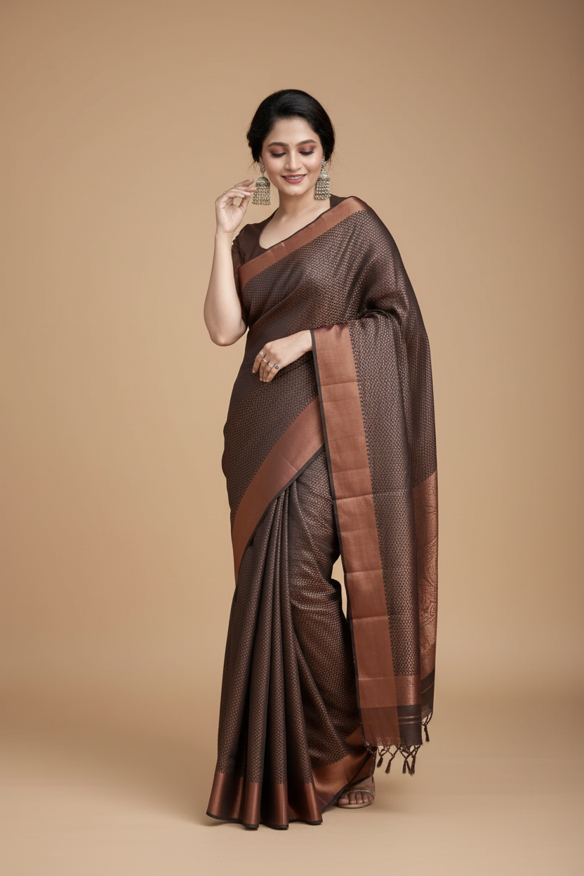 Snuggle Spot Women's Soft Lichi Silk Printed Saree With Unstitched Blouse 5.5Mtr (Brown)