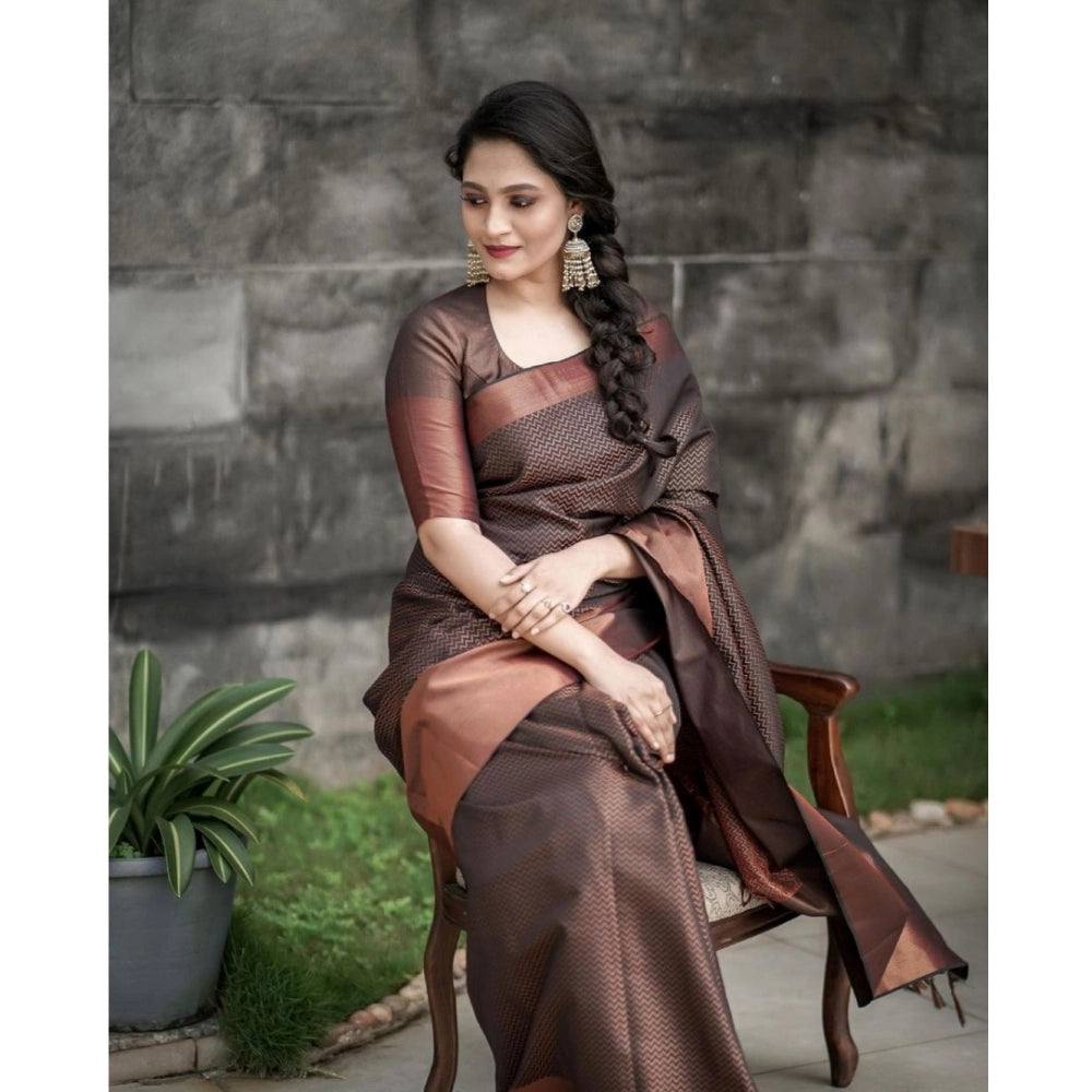 Snuggle Spot Women's Soft Lichi Silk Printed Saree With Unstitched Blouse 5.5Mtr (Brown)