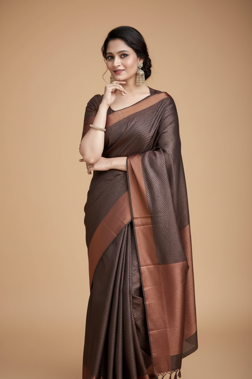 Snuggle Spot Women's Soft Lichi Silk Printed Saree With Unstitched Blouse 5.5Mtr (Brown)