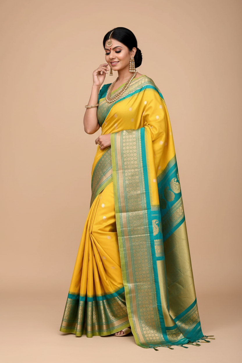 Snuggle Spot Women's Soft Lichi Silk Printed Saree With Unstitched Blouse 5.5Mtr (Yellow)
