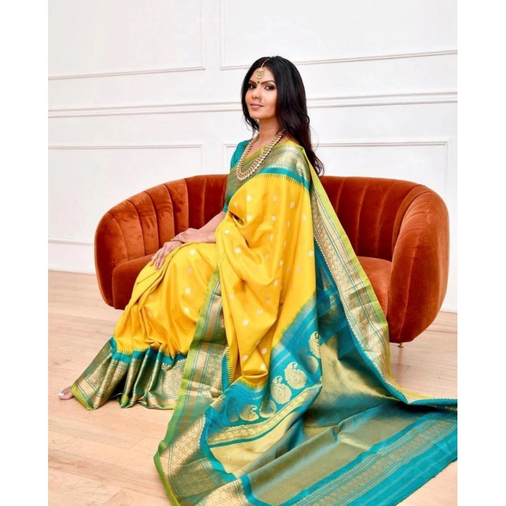 Snuggle Spot Women's Soft Lichi Silk Printed Saree With Unstitched Blouse 5.5Mtr (Yellow)