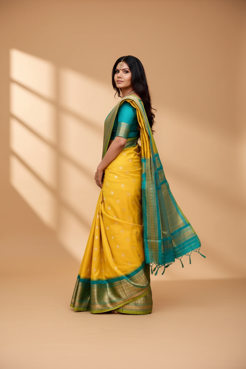 Snuggle Spot Women's Soft Lichi Silk Printed Saree With Unstitched Blouse 5.5Mtr (Yellow)