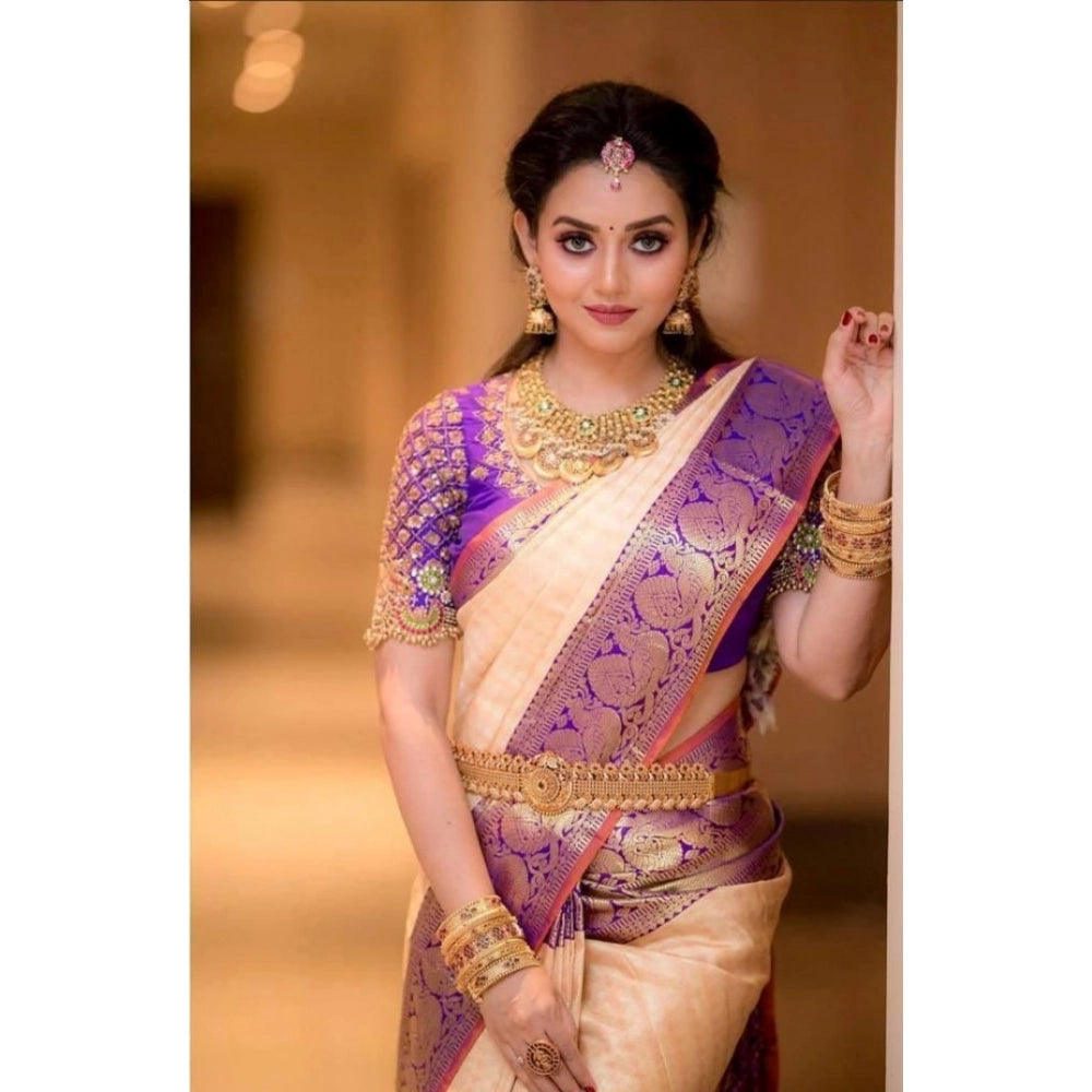Snuggle Spot Women's Soft Lichi Silk Printed Saree With Unstitched Blouse 5.5Mtr (Purple)