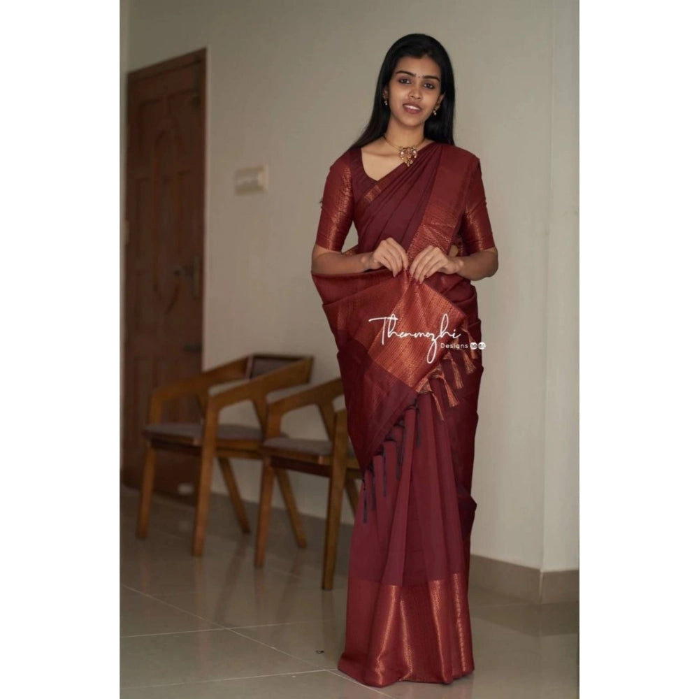 Snuggle Spot Women's Soft Lichi Silk Solid Saree With Unstitched Blouse 5.5Mtr (Maroon)