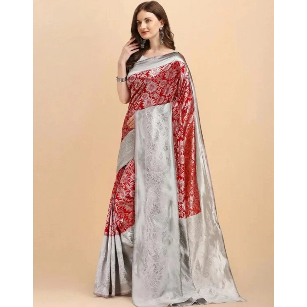 Snuggle Spot Women's Soft Lichi Silk Printed Saree With Unstitched Blouse 5.5Mtr (Red)