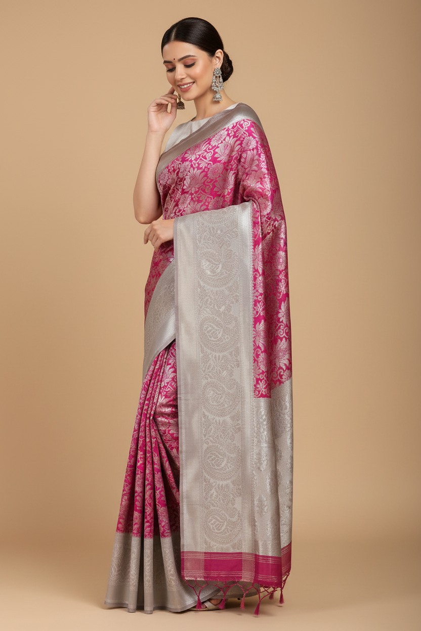 Snuggle Spot Women's Soft Lichi Silk Printed Saree With Unstitched Blouse 5.5Mtr (Pink)