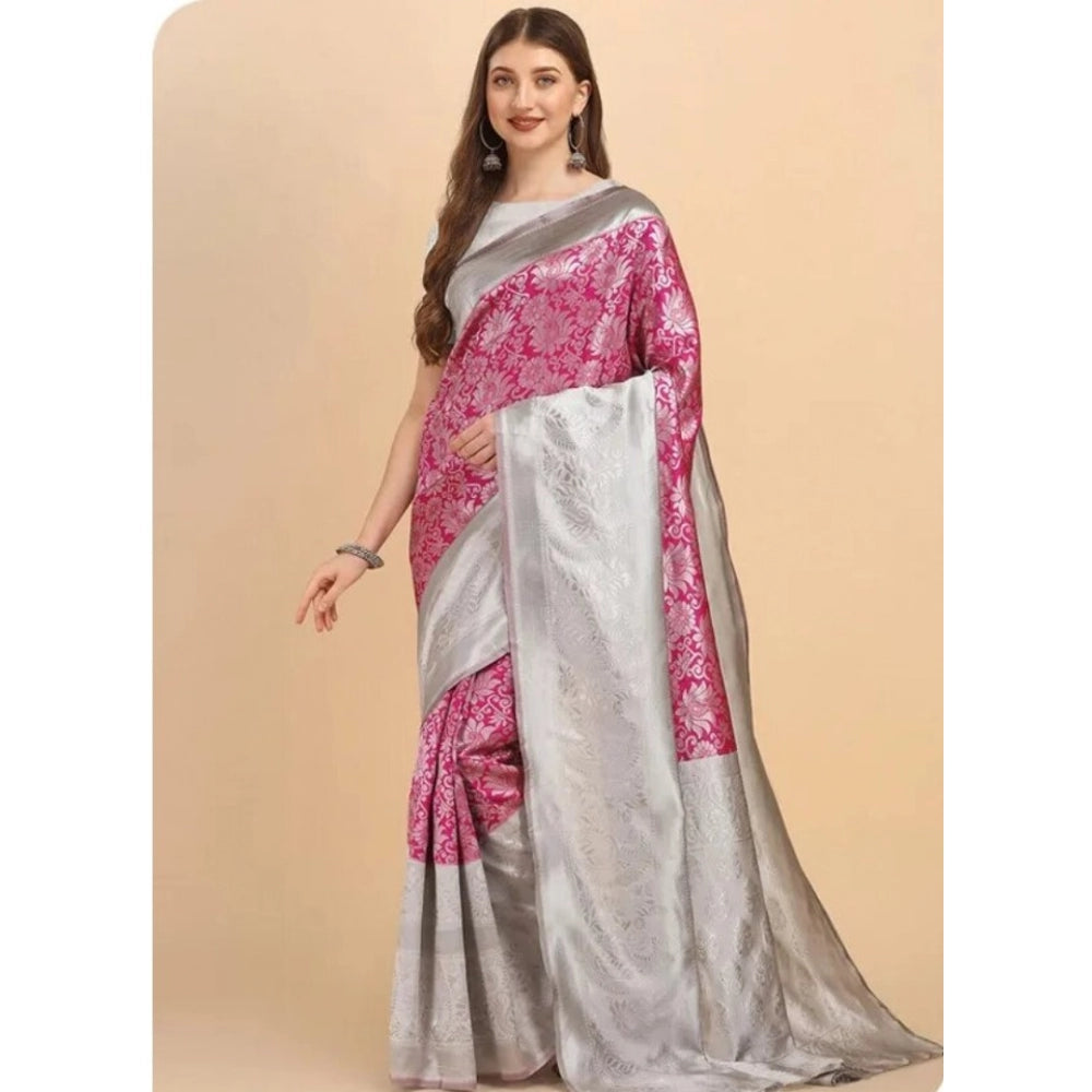 Snuggle Spot Women's Soft Lichi Silk Printed Saree With Unstitched Blouse 5.5Mtr (Pink)