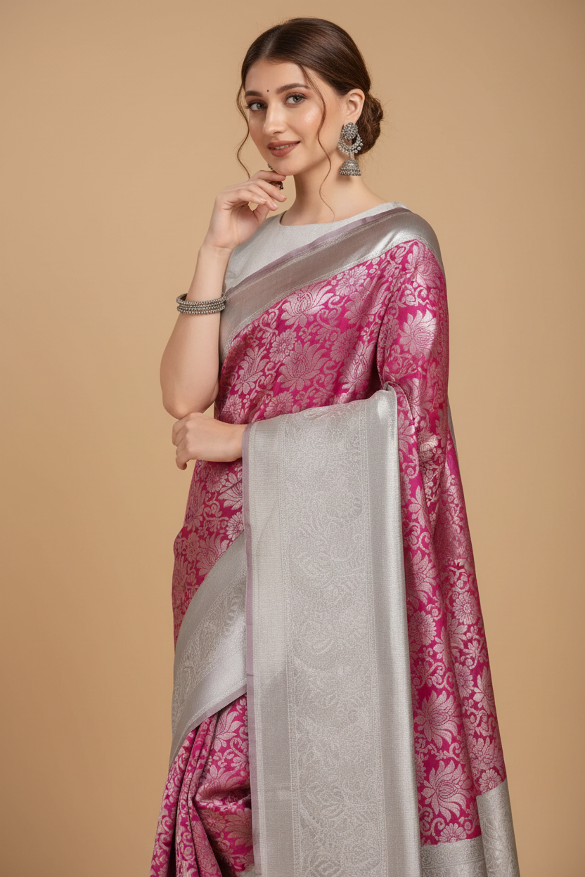 Snuggle Spot Women's Soft Lichi Silk Printed Saree With Unstitched Blouse 5.5Mtr (Pink)