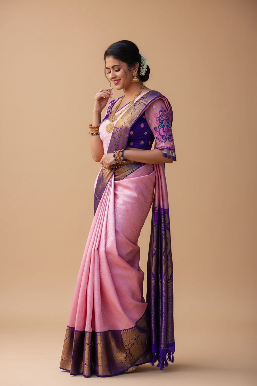 Snuggle Spot Women's Soft Lichi Silk Printed Saree With Unstitched Blouse 5.5Mtr (Purple)