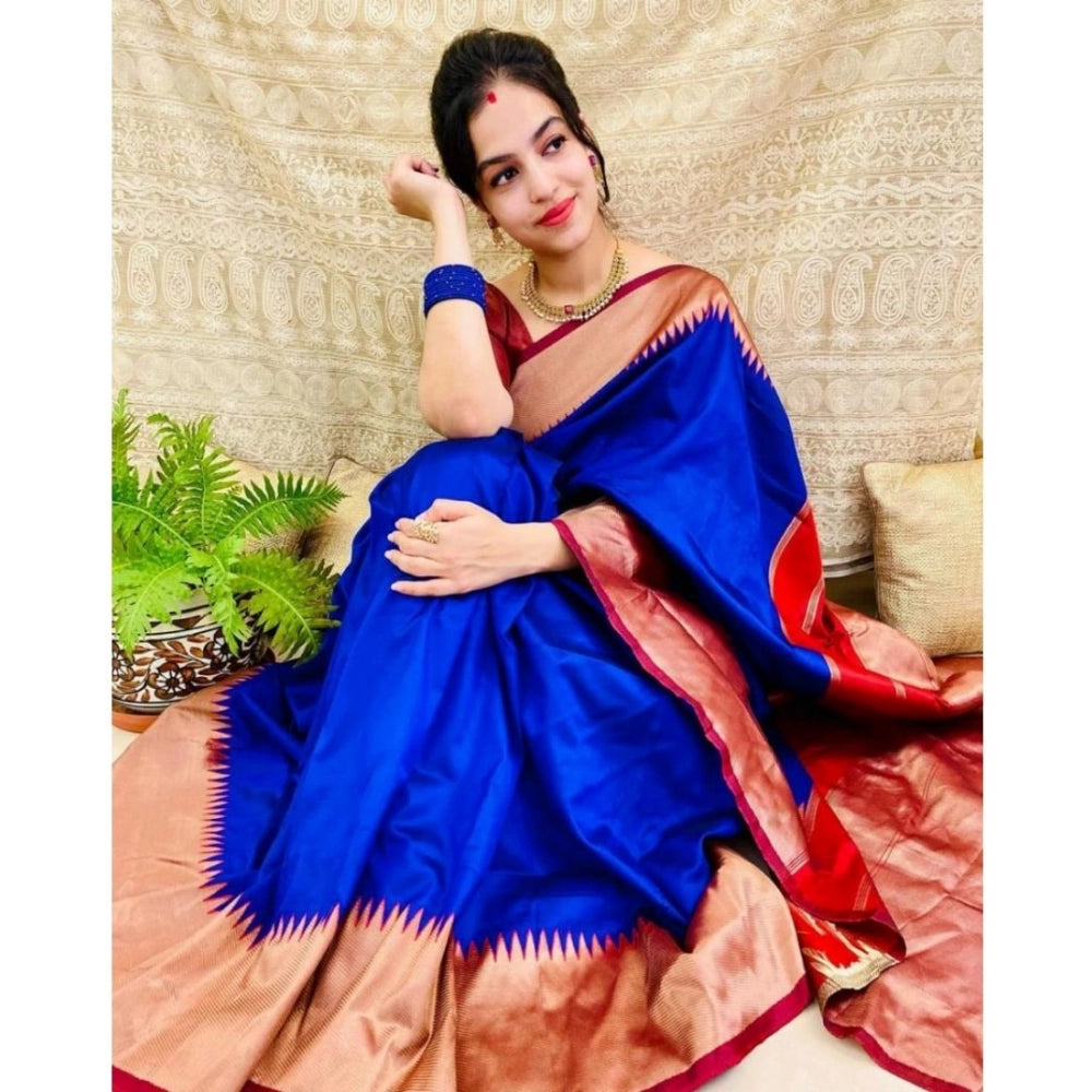 Snuggle Spot Women's Soft Lichi Silk Solid Saree With Unstitched Blouse 5.5Mtr (Blue)