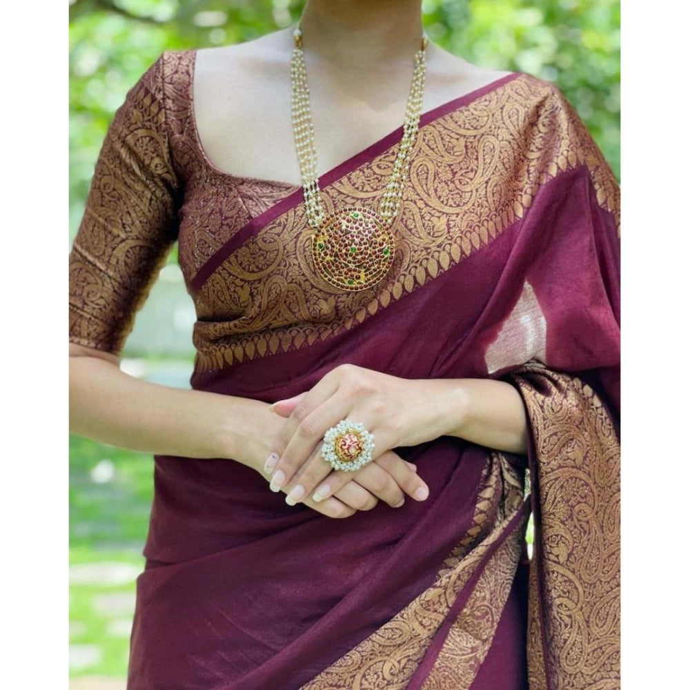 Snuggle Spot Women's Soft Lichi Silk Solid Saree With Unstitched Blouse 5.5Mtr (Maroon)