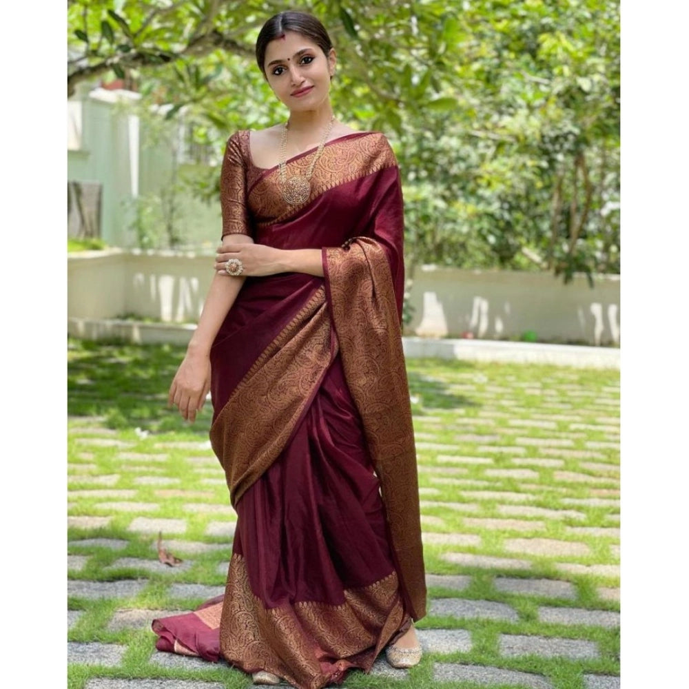 Snuggle Spot Women's Soft Lichi Silk Solid Saree With Unstitched Blouse 5.5Mtr (Maroon)
