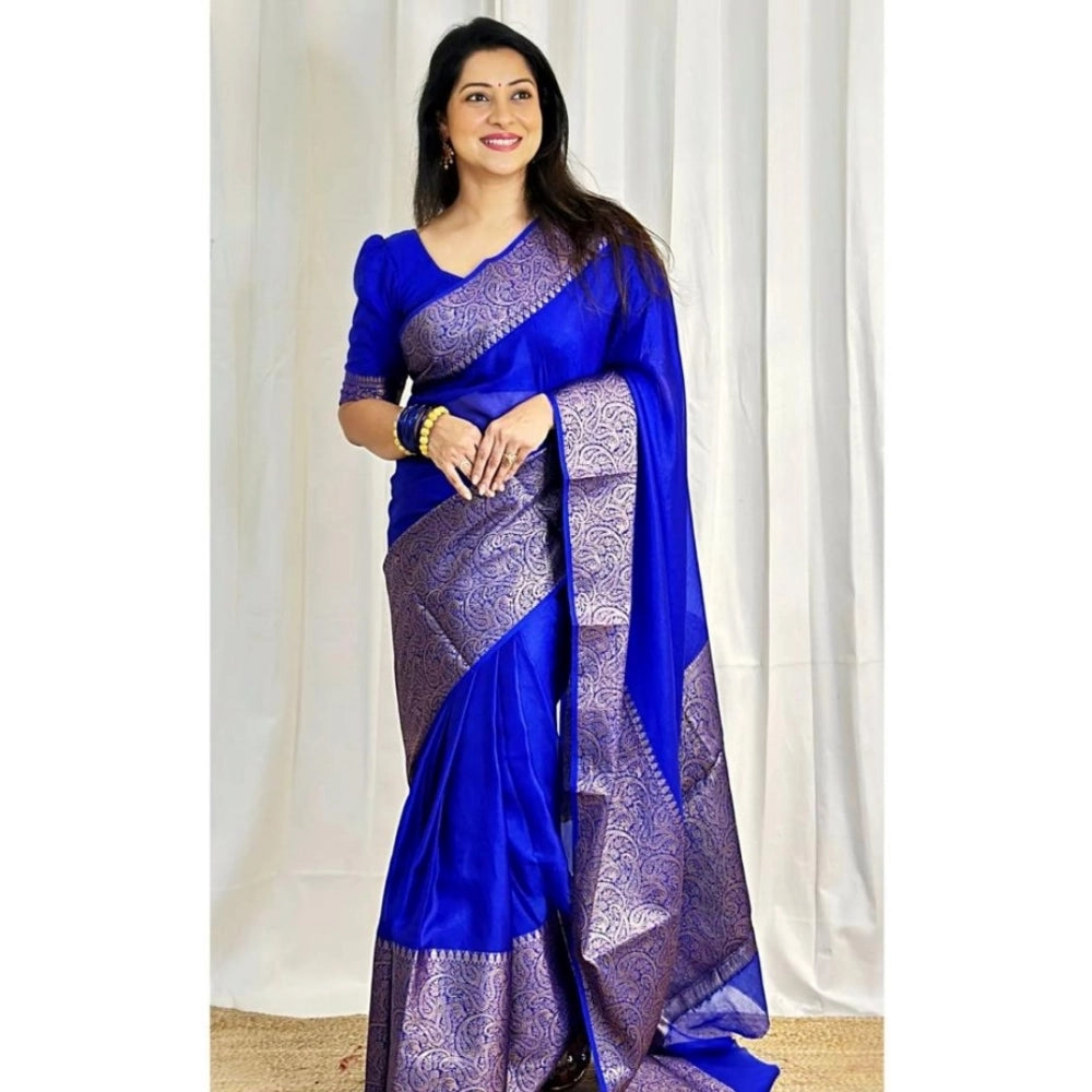 Snuggle Spot Women's Soft Lichi Silk Solid Saree With Unstitched Blouse 5.5Mtr (Blue)