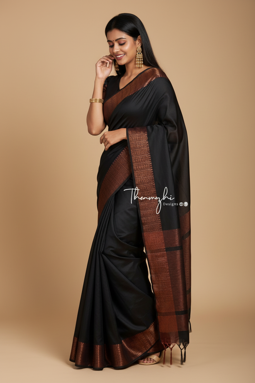 Snuggle Spot Women's Soft Lichi Silk Solid Saree With Unstitched Blouse 5.5Mtr (Black)
