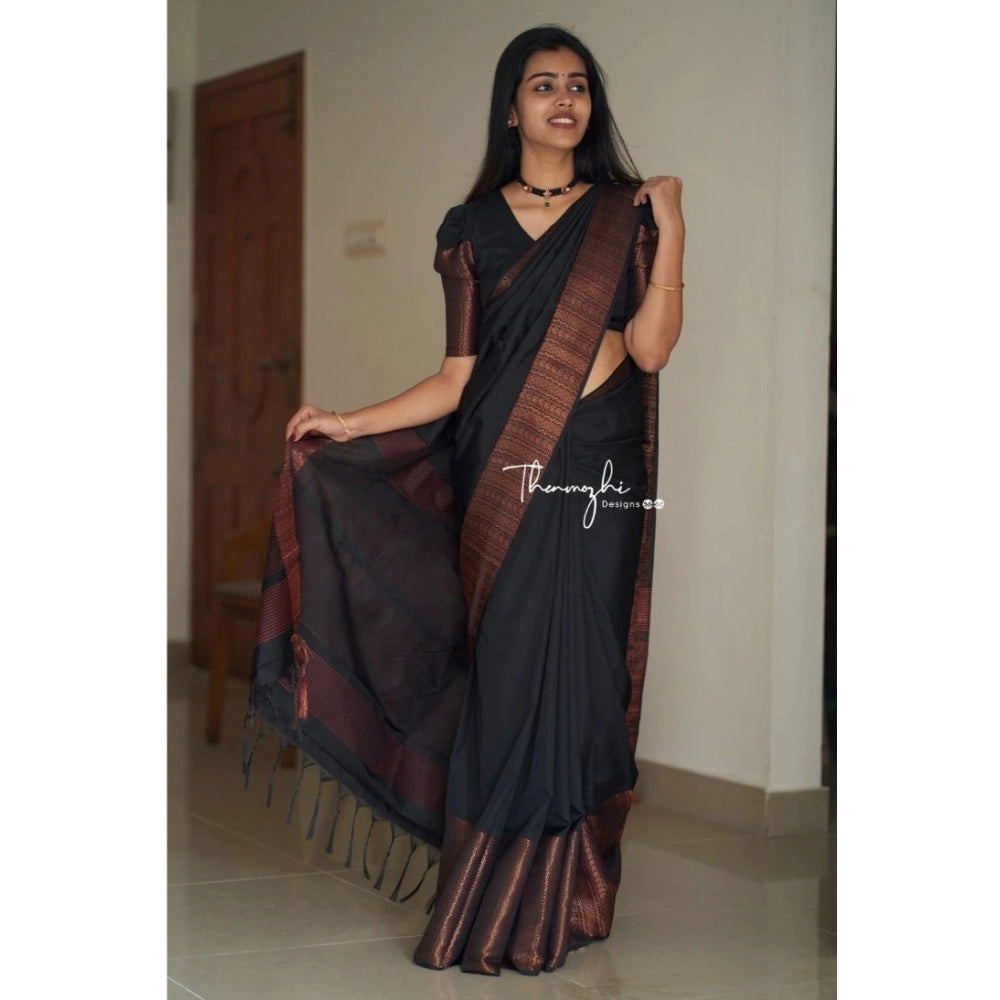Snuggle Spot Women's Soft Lichi Silk Solid Saree With Unstitched Blouse 5.5Mtr (Black)