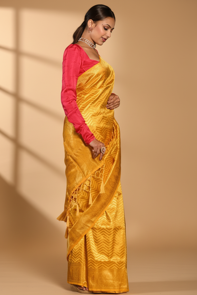 Snuggle Spot Women's Soft Lichi Silk Woven Saree With Unstitched Blouse 5.5Mtr (Yellow)