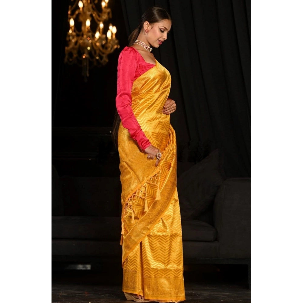 Snuggle Spot Women's Soft Lichi Silk Woven Saree With Unstitched Blouse 5.5Mtr (Yellow)