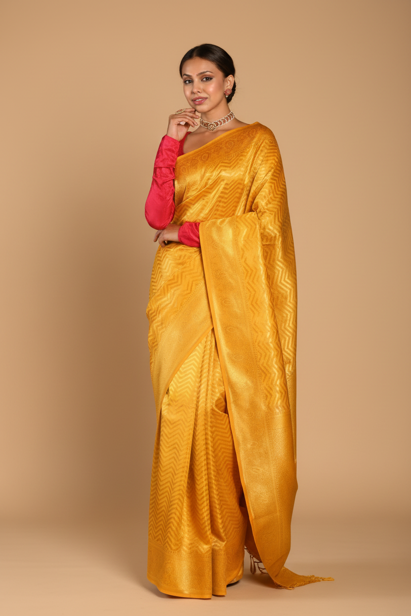 Snuggle Spot Women's Soft Lichi Silk Woven Saree With Unstitched Blouse 5.5Mtr (Yellow)