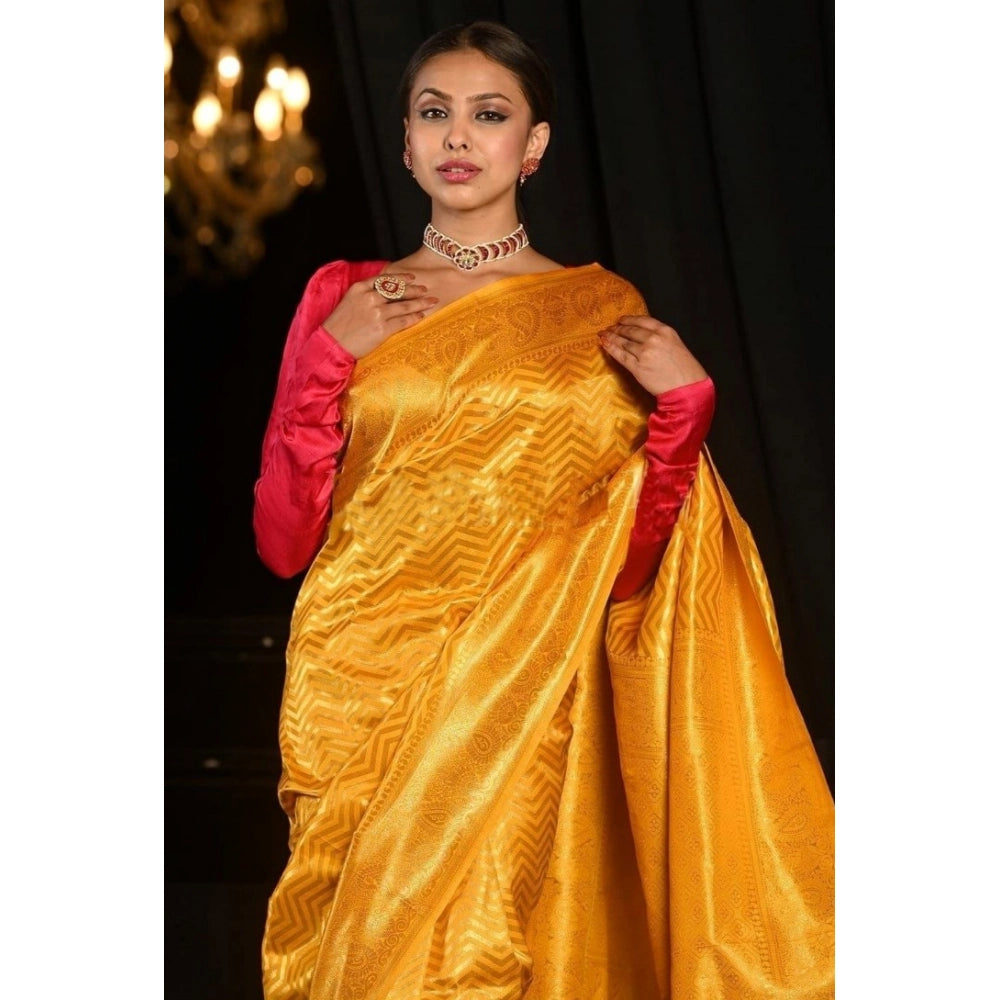 Snuggle Spot Women's Soft Lichi Silk Woven Saree With Unstitched Blouse 5.5Mtr (Yellow)