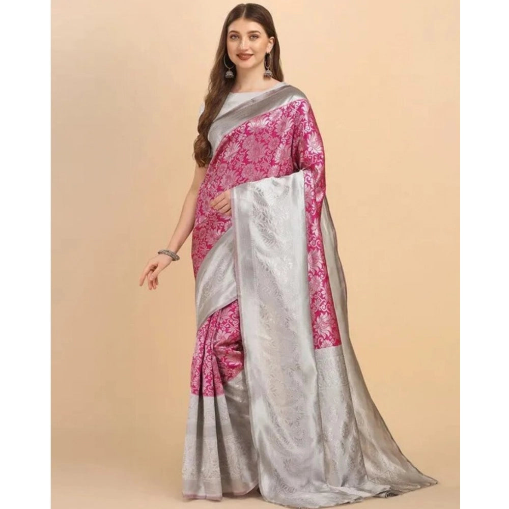 Snuggle Spot Women's Soft Lichi Silk Printed Saree With Unstitched Blouse 5.5Mtr (Pink)