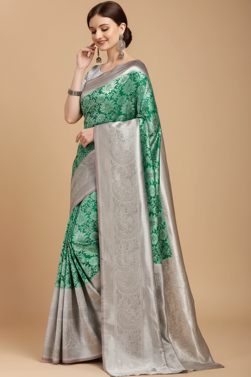 Snuggle Spot Women's Soft Lichi Silk Printed Saree With Unstitched Blouse 5.5Mtr (Green)