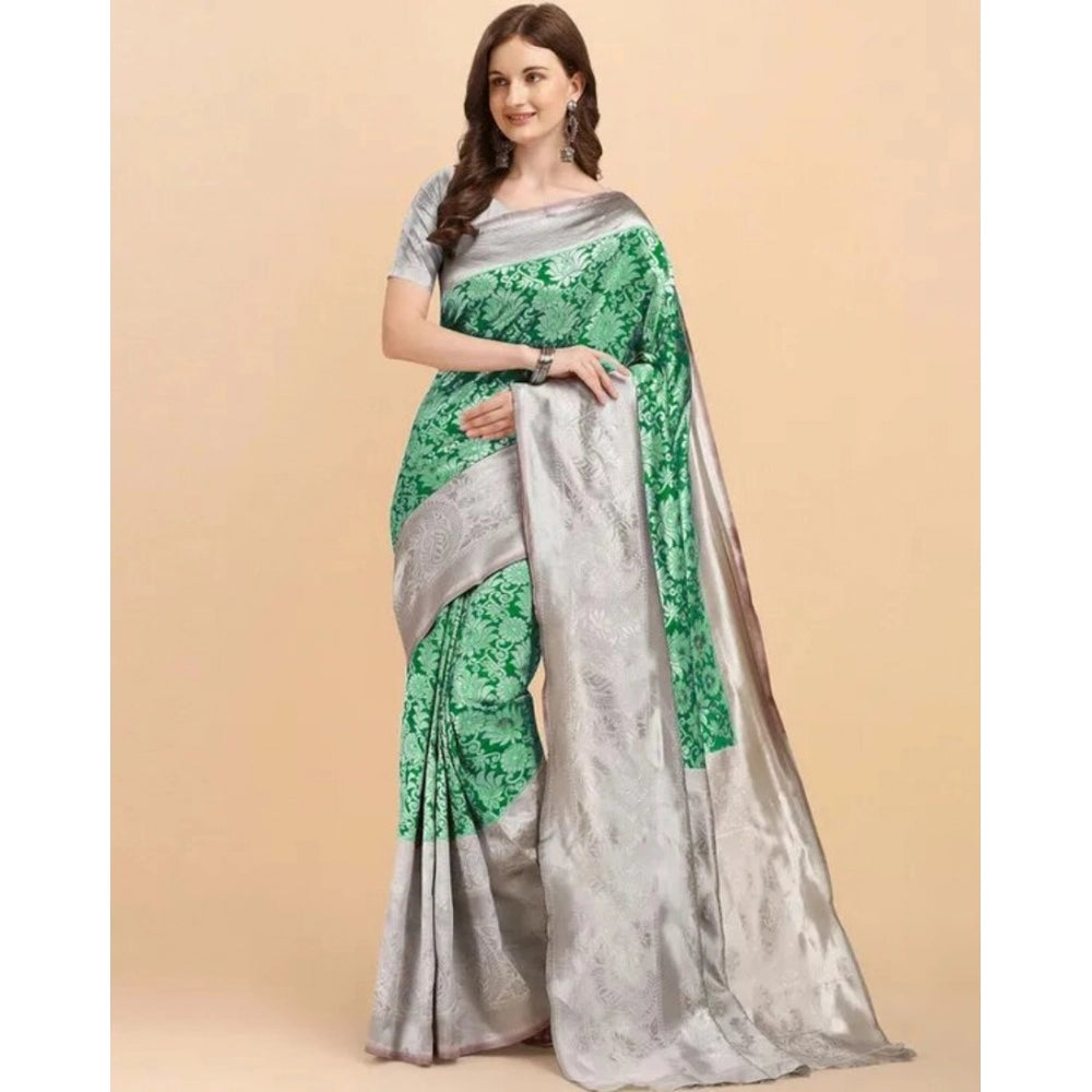 Snuggle Spot Women's Soft Lichi Silk Printed Saree With Unstitched Blouse 5.5Mtr (Green)
