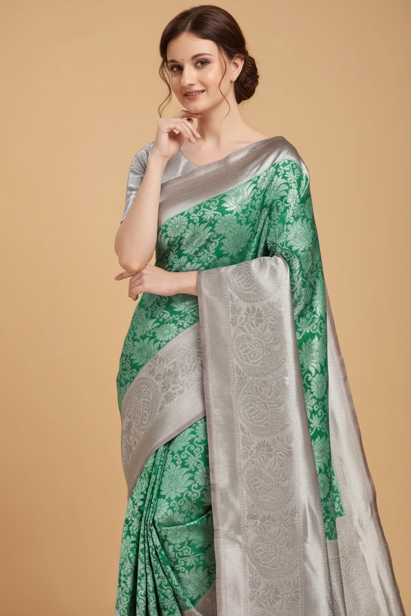 Snuggle Spot Women's Soft Lichi Silk Printed Saree With Unstitched Blouse 5.5Mtr (Green)