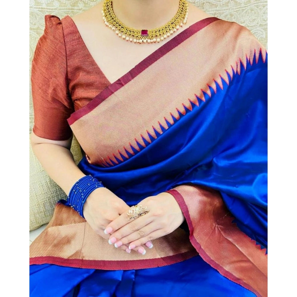 Snuggle Spot Women's Soft Lichi Silk Solid Saree With Unstitched Blouse 5.5Mtr (Blue)