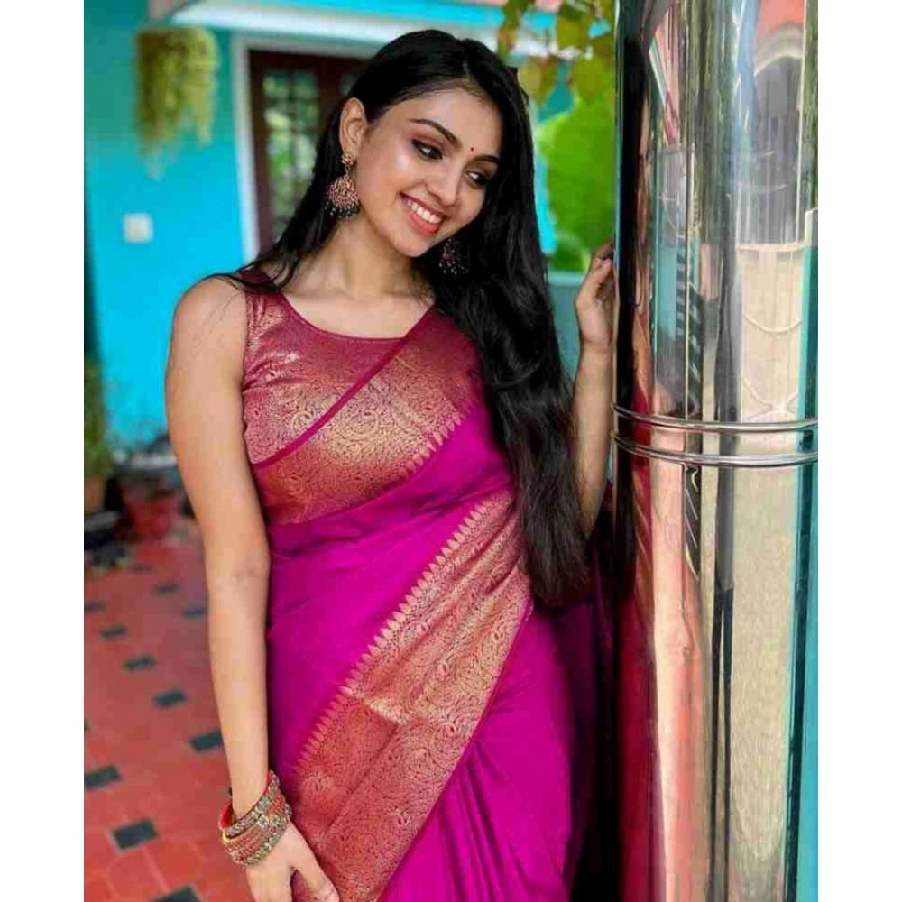 Snuggle Spot Women's Soft Lichi Silk Solid Saree With Unstitched Blouse 5.5Mtr (Pink)
