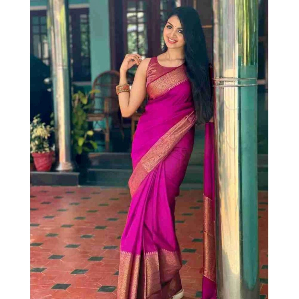 Snuggle Spot Women's Soft Lichi Silk Solid Saree With Unstitched Blouse 5.5Mtr (Pink)