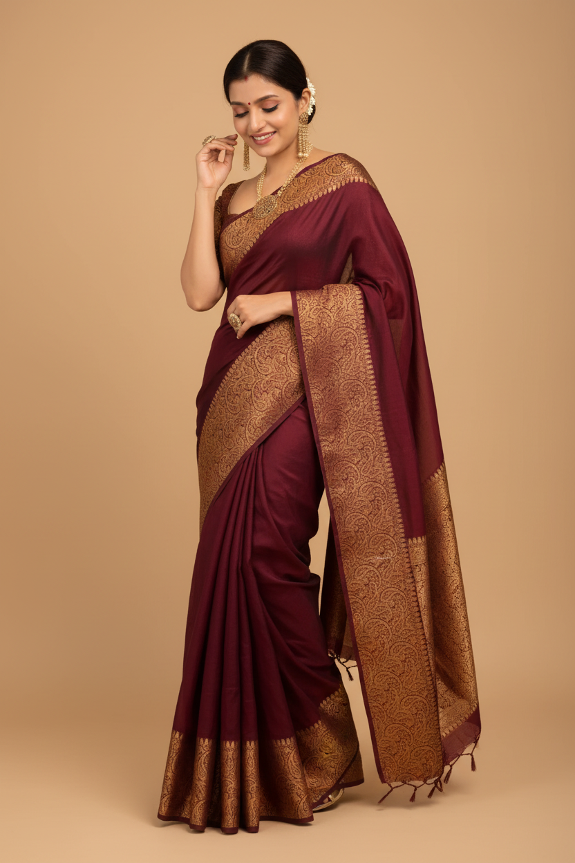 Snuggle Spot Women's Soft Lichi Silk Solid Saree With Unstitched Blouse 5.5Mtr (Maroon)