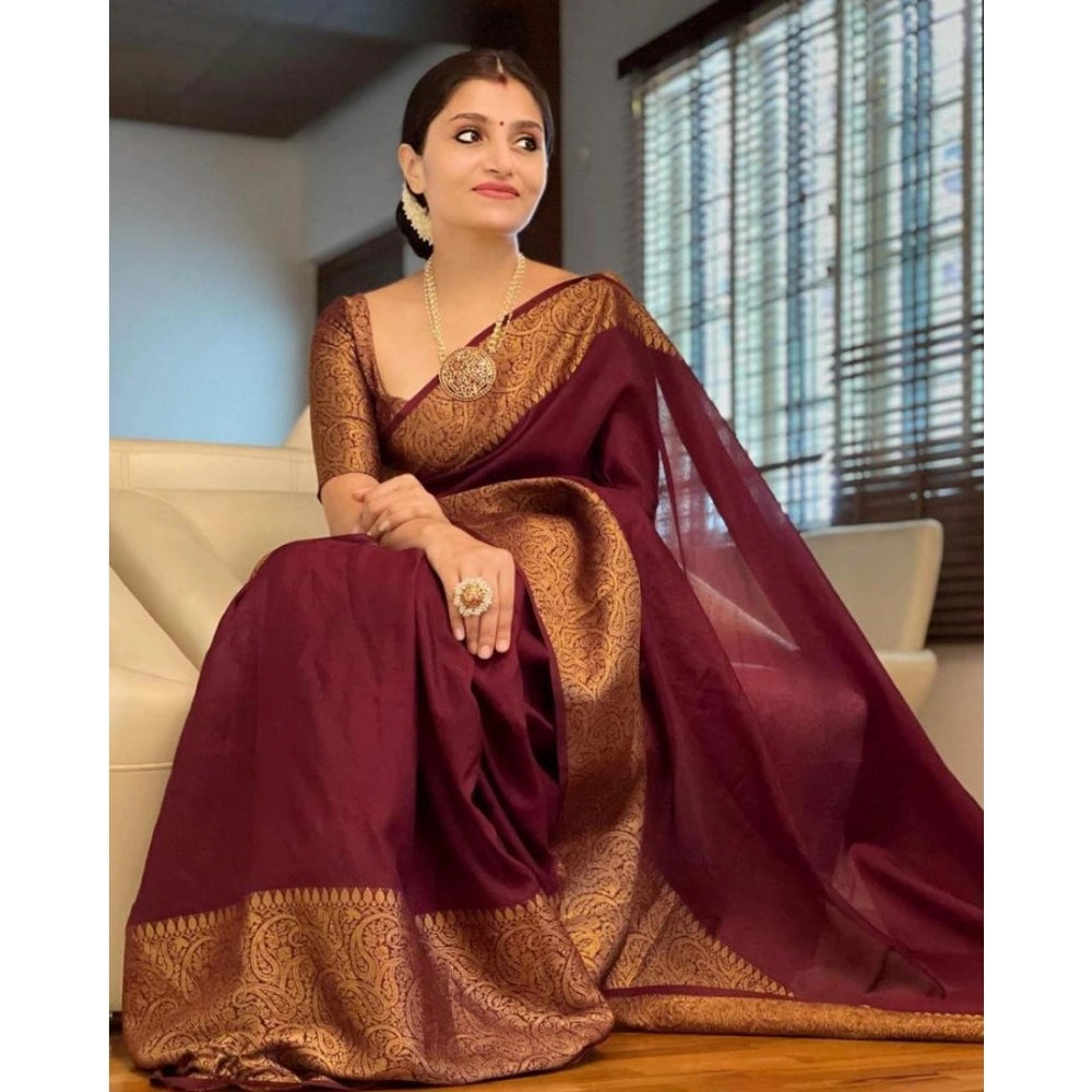 Snuggle Spot Women's Soft Lichi Silk Solid Saree With Unstitched Blouse 5.5Mtr (Maroon)
