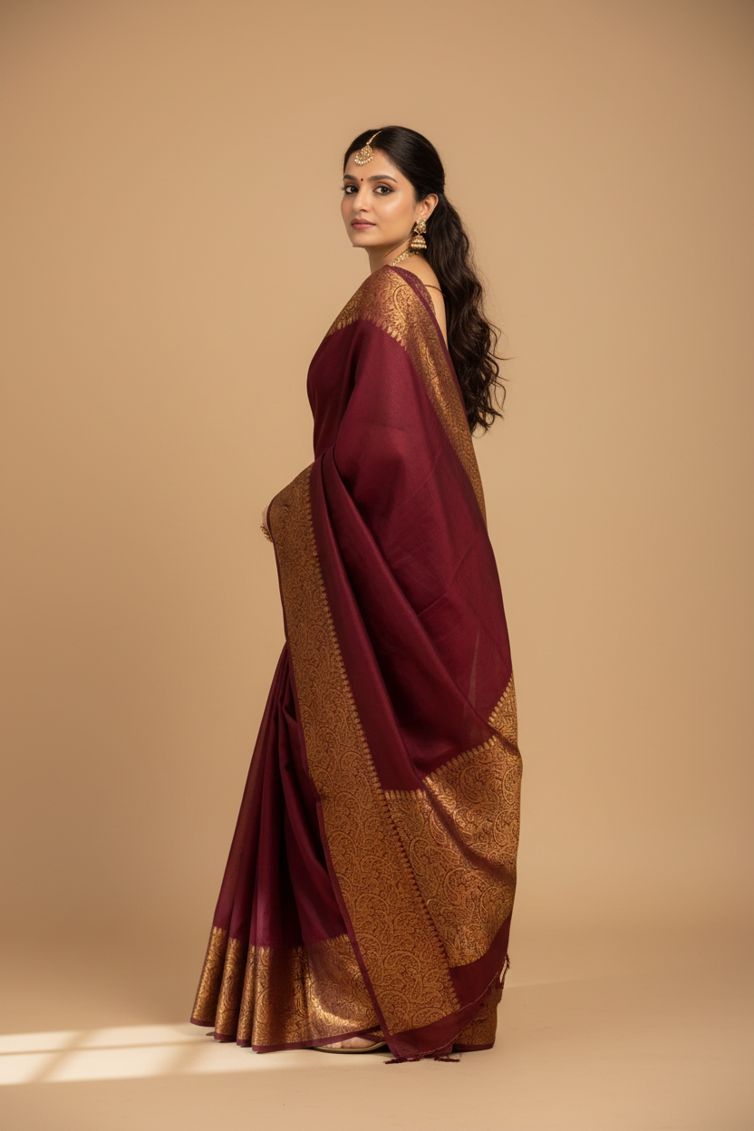 Snuggle Spot Women's Soft Lichi Silk Solid Saree With Unstitched Blouse 5.5Mtr (Maroon)