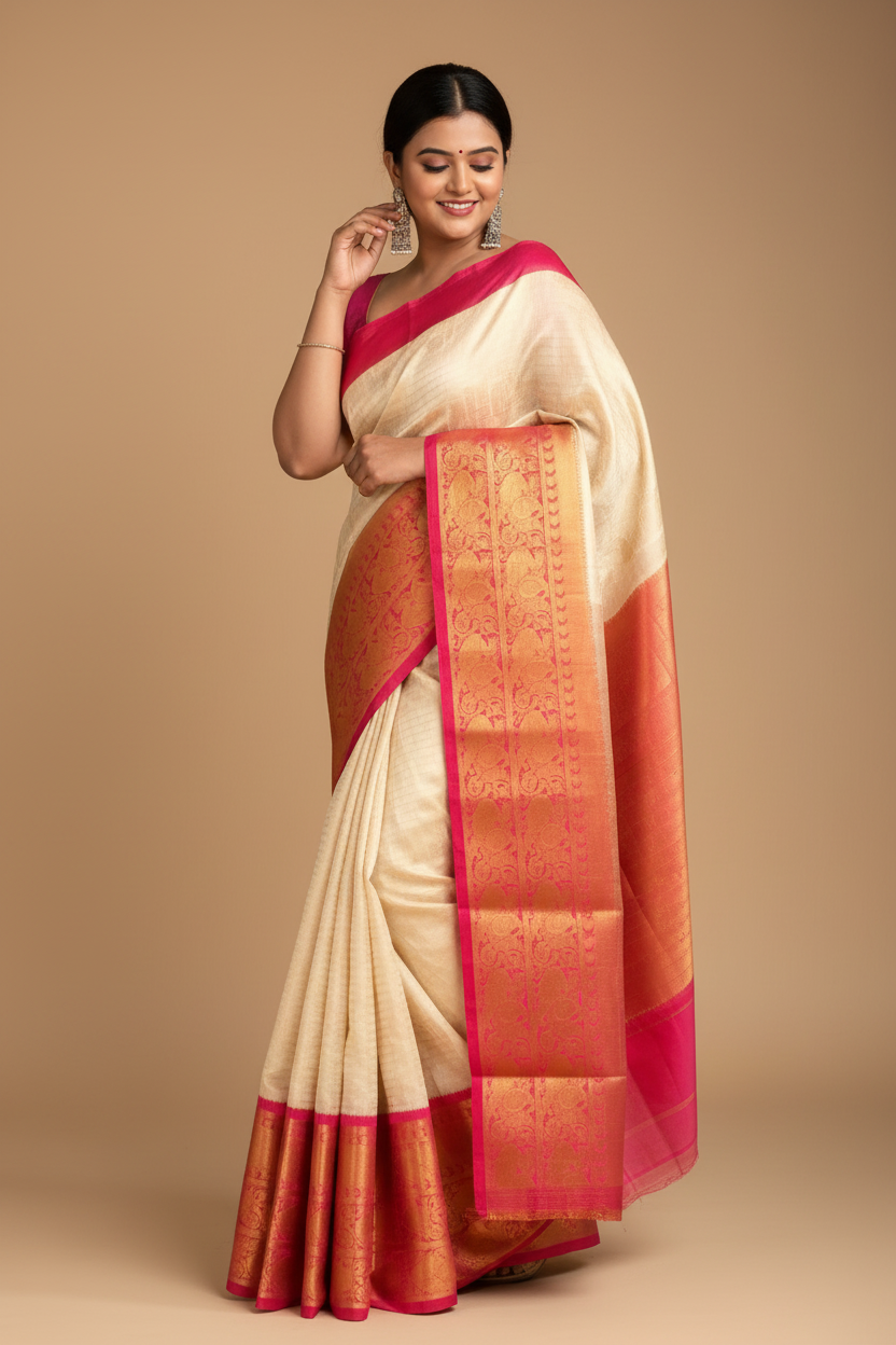 Snuggle Spot Women's Soft Lichi Silk Printed Saree With Unstitched Blouse 5.5Mtr (Cream)