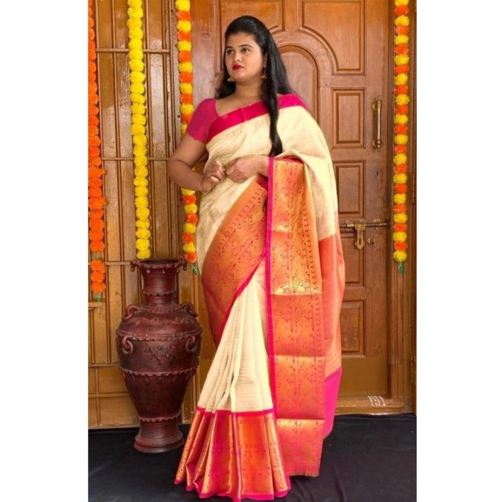 Snuggle Spot Women's Soft Lichi Silk Printed Saree With Unstitched Blouse 5.5Mtr (Cream)