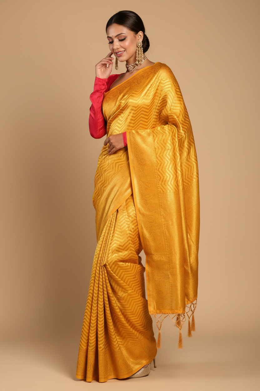 Snuggle Spot Women's Soft Lichi Silk Woven Saree With Unstitched Blouse 5.5Mtr (Yellow)