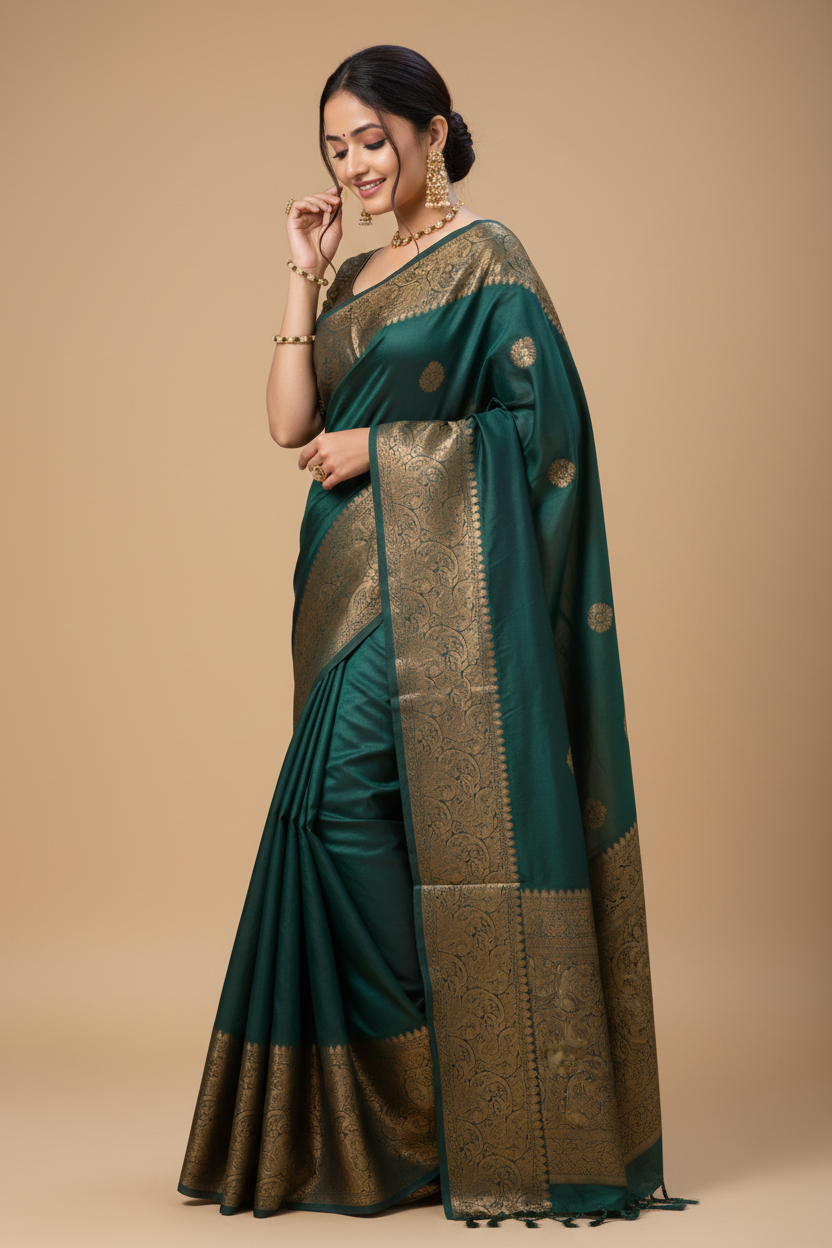 Snuggle Spot Women's Soft Lichi Silk Solid Saree With Unstitched Blouse 5.5Mtr (Green)