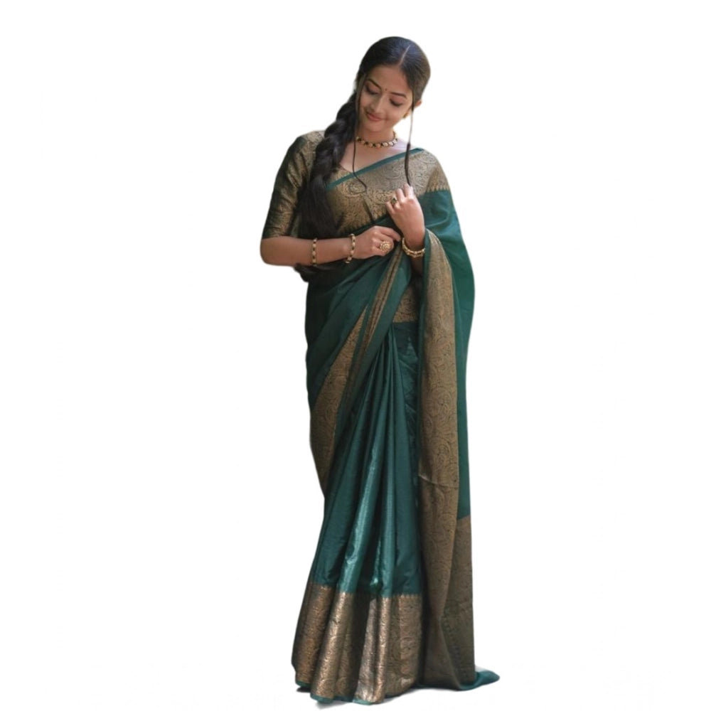 Snuggle Spot Women's Soft Lichi Silk Solid Saree With Unstitched Blouse 5.5Mtr (Green)