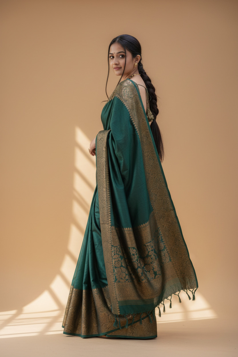 Snuggle Spot Women's Soft Lichi Silk Solid Saree With Unstitched Blouse 5.5Mtr (Green)