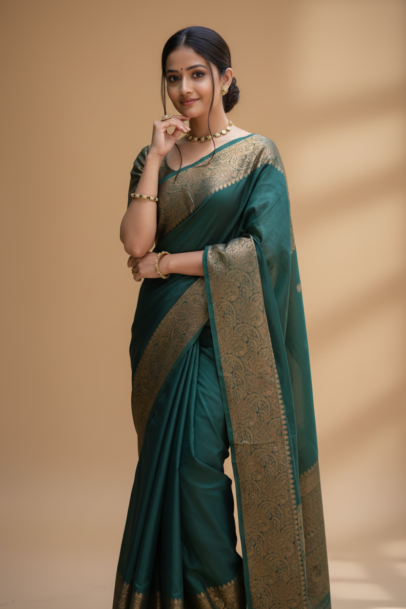 Snuggle Spot Women's Soft Lichi Silk Solid Saree With Unstitched Blouse 5.5Mtr (Green)