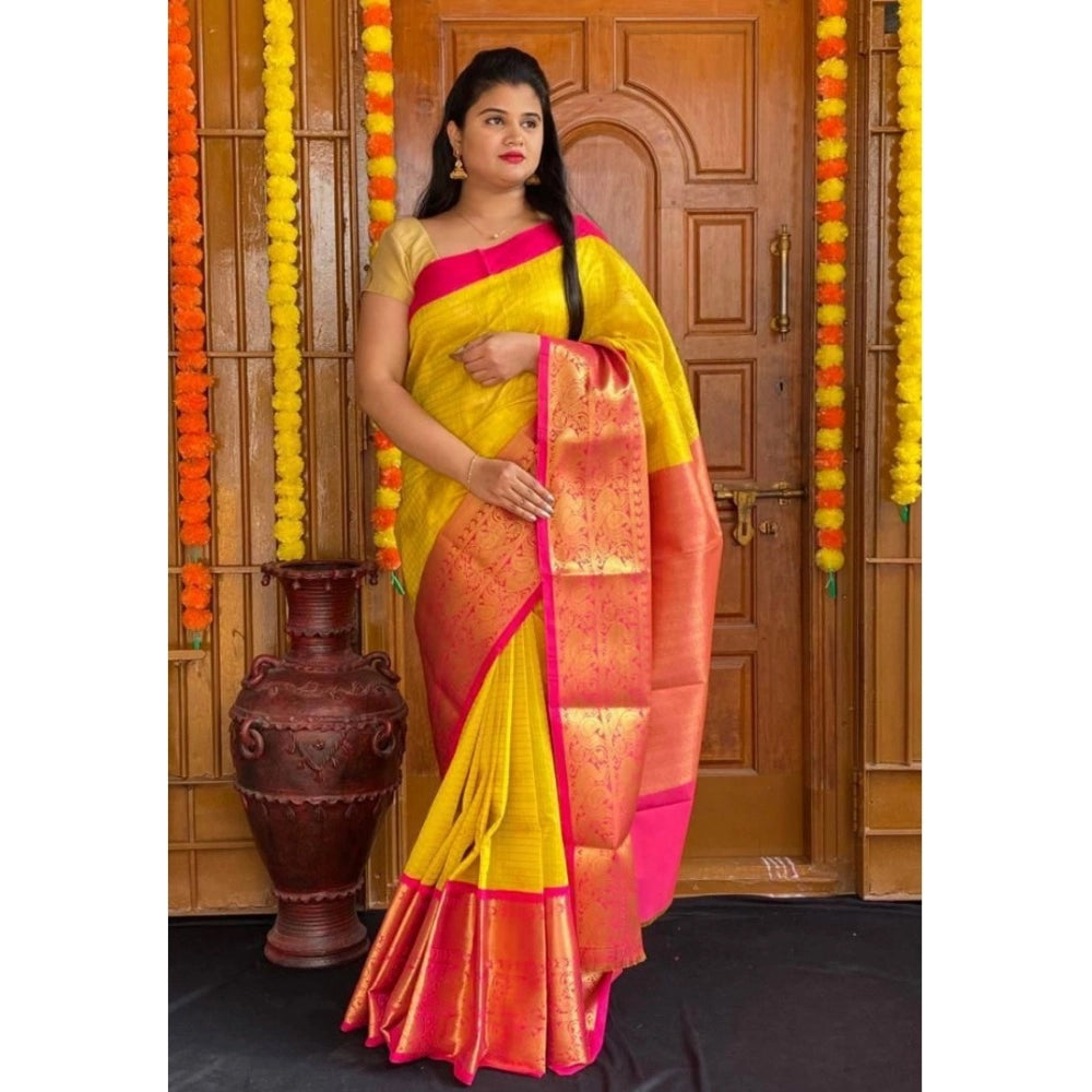 Snuggle Spot Women's Soft Lichi Silk Printed Saree With Unstitched Blouse 5.5Mtr (Yellow)