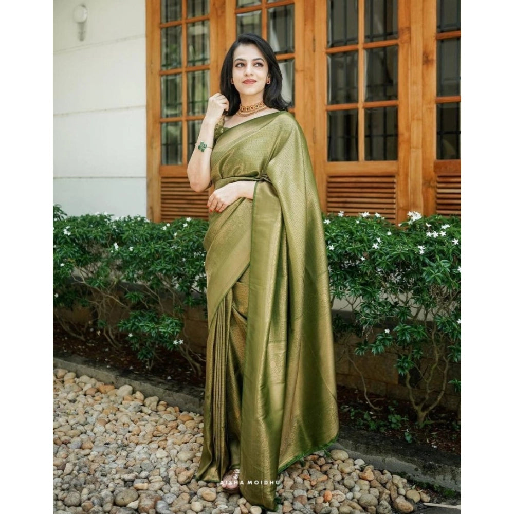 Snuggle Spot Women's Soft Lichi Silk Printed Saree With Unstitched Blouse 5.5Mtr (Green)