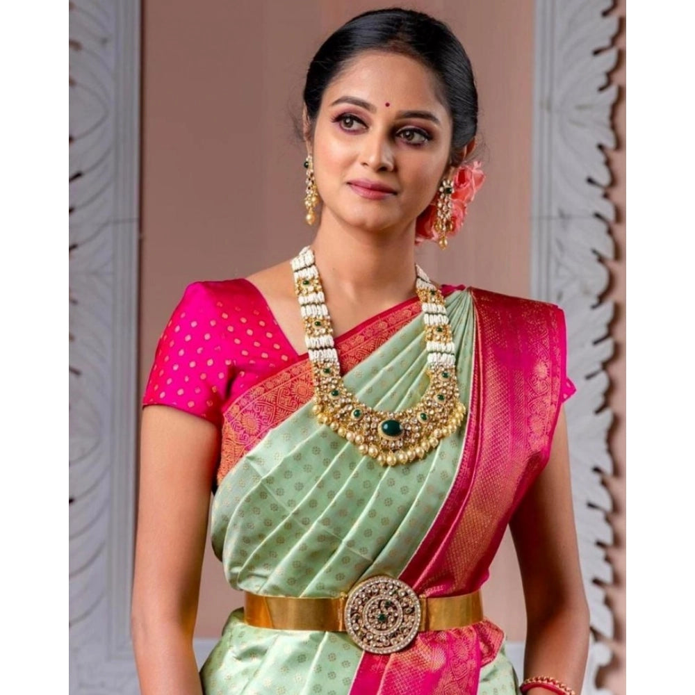 Snuggle Spot Women's Soft Lichi Silk Printed Saree With Unstitched Blouse 5.5Mtr (Light Green)