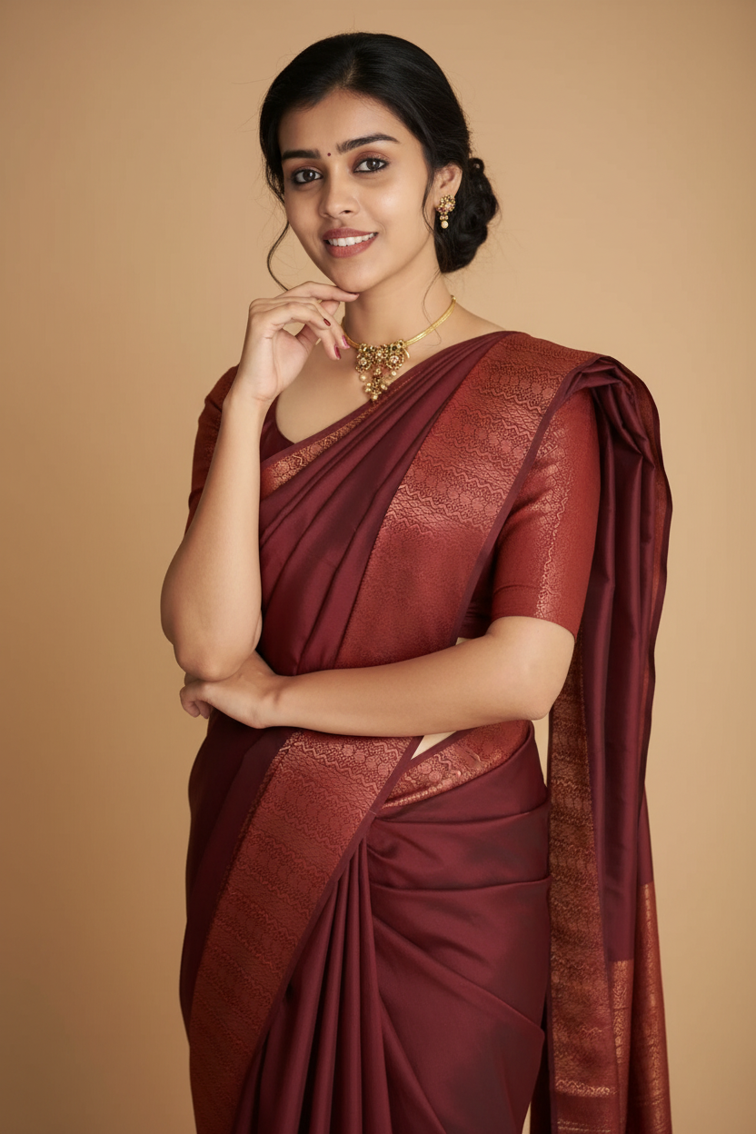Snuggle Spot Women's Soft Lichi Silk Solid Saree With Unstitched Blouse 5.5Mtr (Maroon)