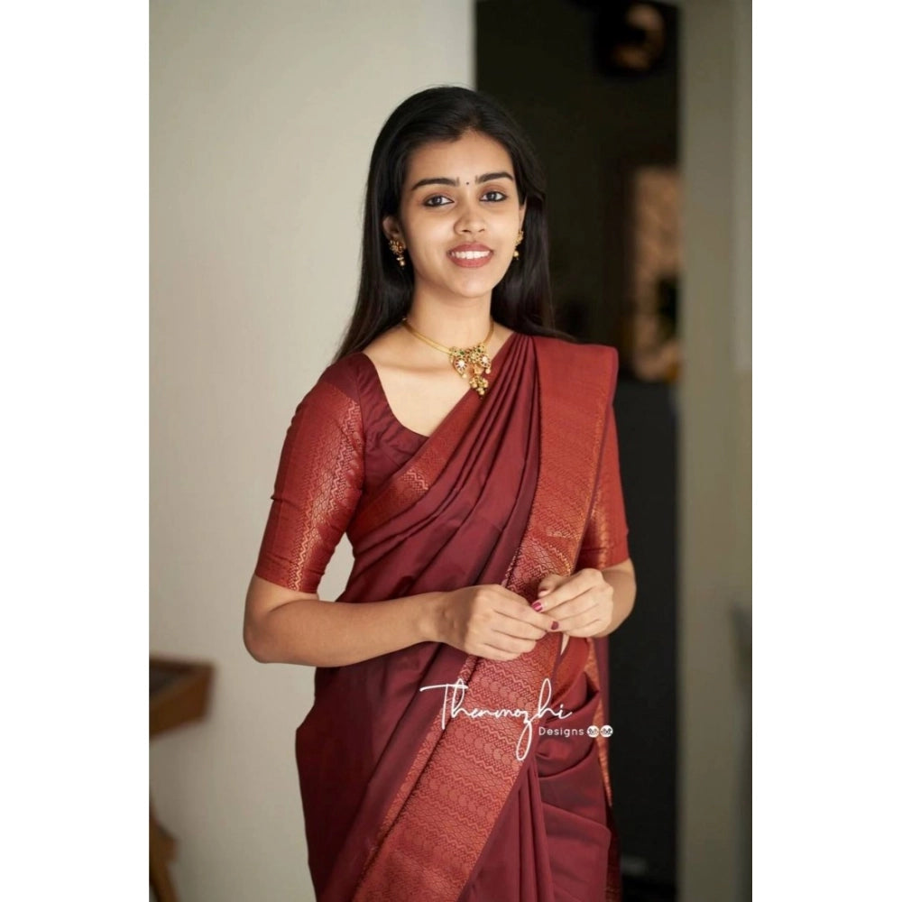 Snuggle Spot Women's Soft Lichi Silk Solid Saree With Unstitched Blouse 5.5Mtr (Maroon)