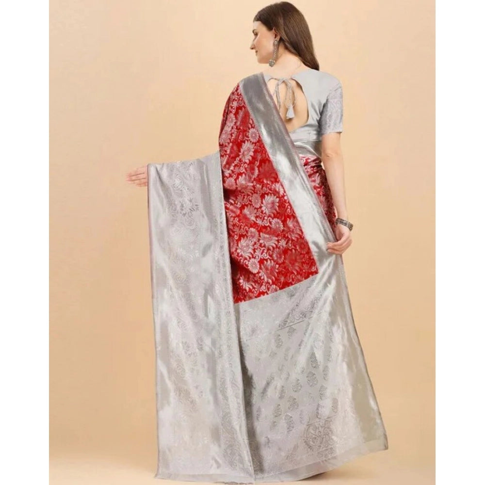 Snuggle Spot Women's Soft Lichi Silk Printed Saree With Unstitched Blouse 5.5Mtr (Red)