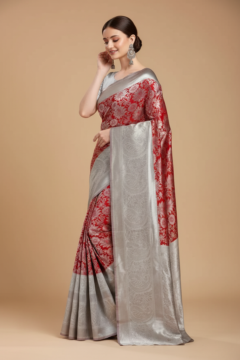 Snuggle Spot Women's Soft Lichi Silk Printed Saree With Unstitched Blouse 5.5Mtr (Red)