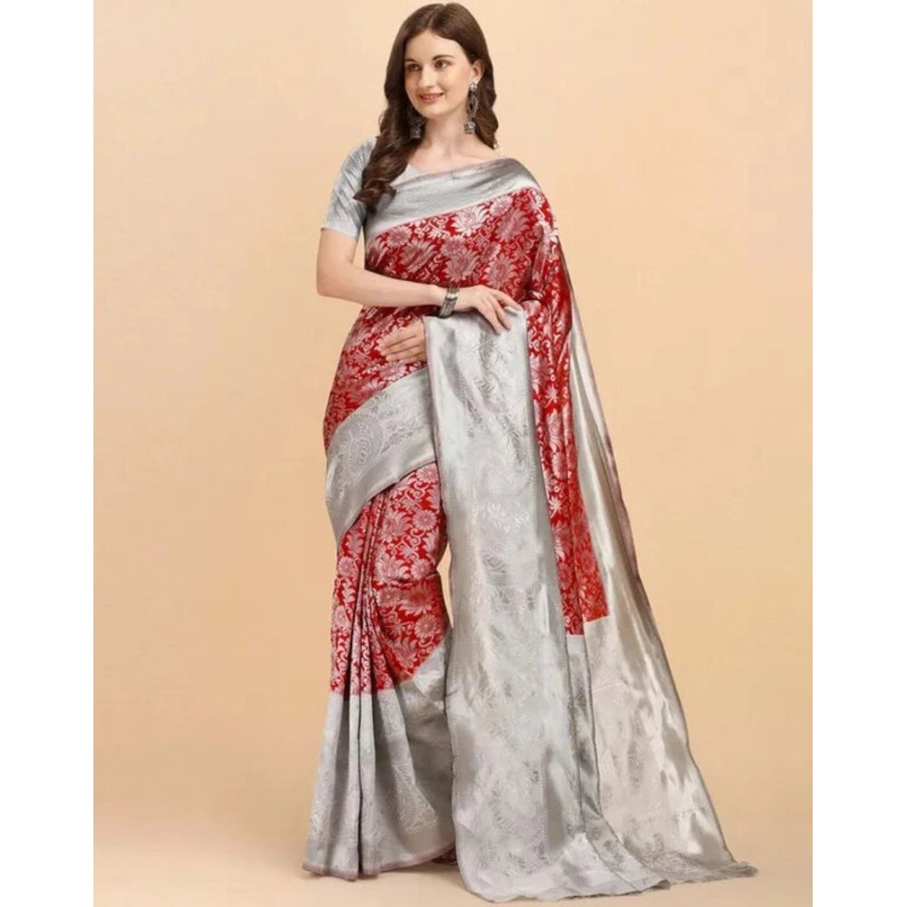 Snuggle Spot Women's Soft Lichi Silk Printed Saree With Unstitched Blouse 5.5Mtr (Red)