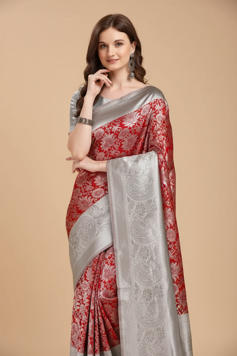 Snuggle Spot Women's Soft Lichi Silk Printed Saree With Unstitched Blouse 5.5Mtr (Red)